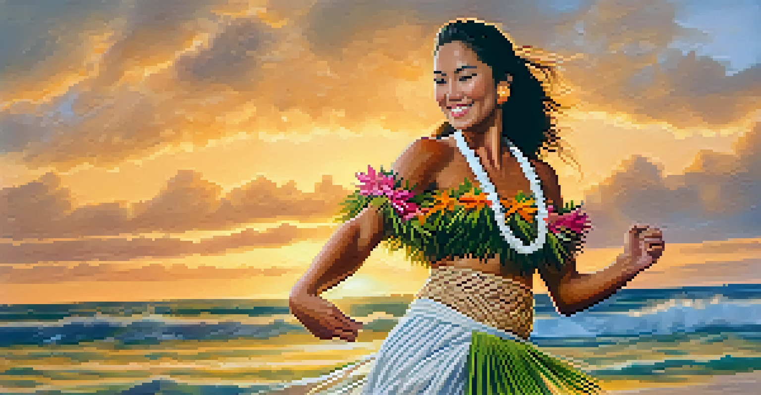 A hula dancer in traditional attire performing with the ocean and sunset in the background.