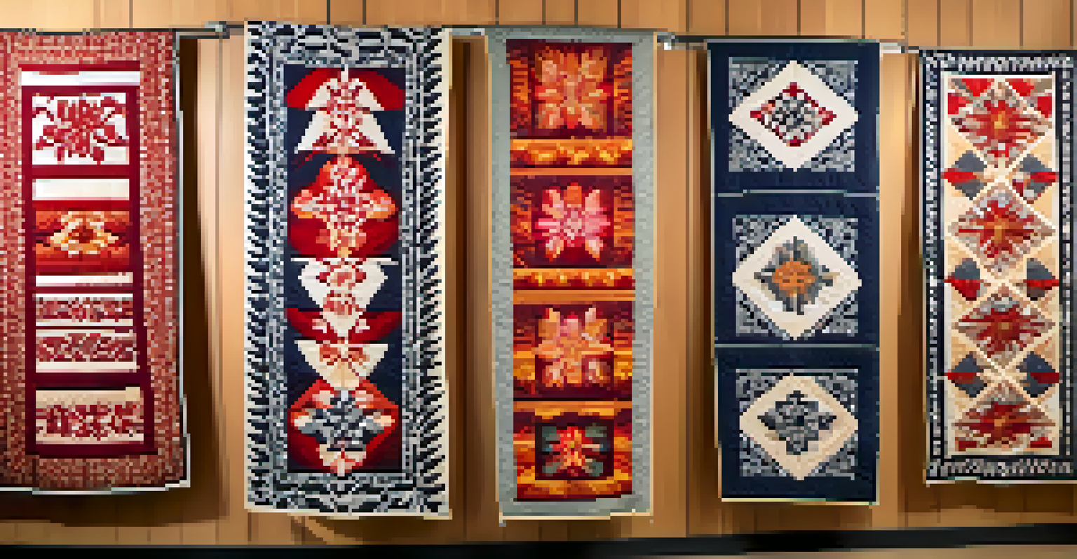 A collection of Hawaiian quilts hanging on a rack, each featuring unique traditional patterns and vibrant colors, set against a neutral background for emphasis.