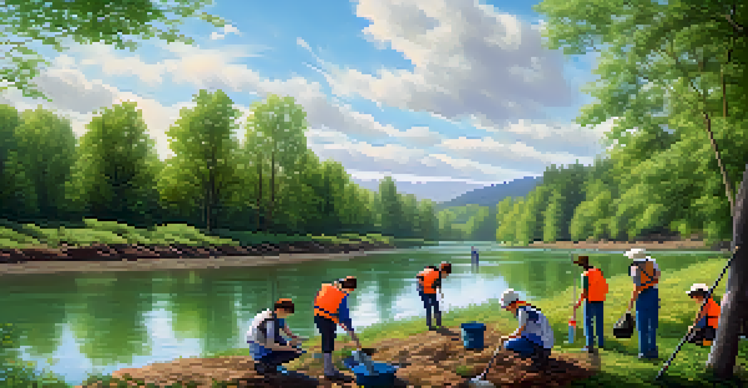 Students and volunteers cleaning a riverbank, surrounded by lush trees and the beauty of nature.