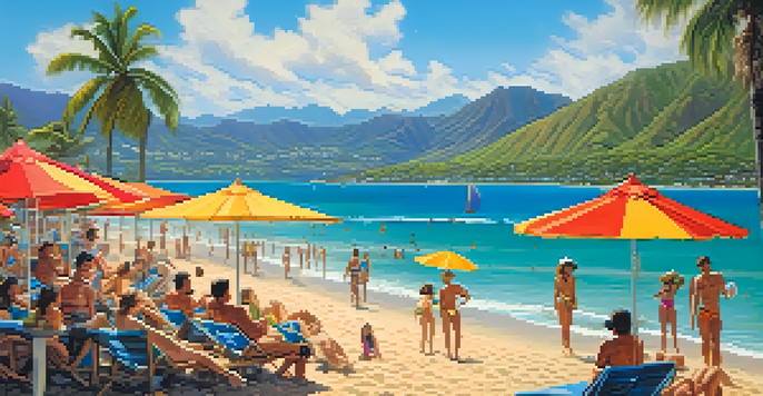 A bustling beach scene in Honolulu with people sunbathing and colorful umbrellas on golden sands, framed by lush green mountains and a clear blue sky.