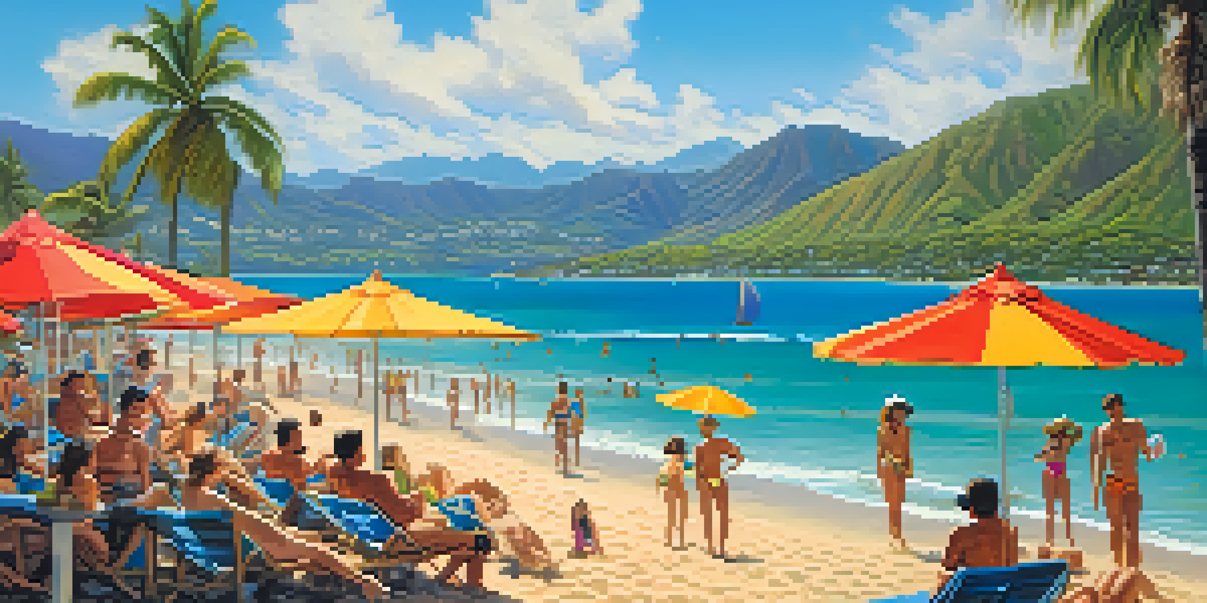 A bustling beach scene in Honolulu with people sunbathing and colorful umbrellas on golden sands, framed by lush green mountains and a clear blue sky.