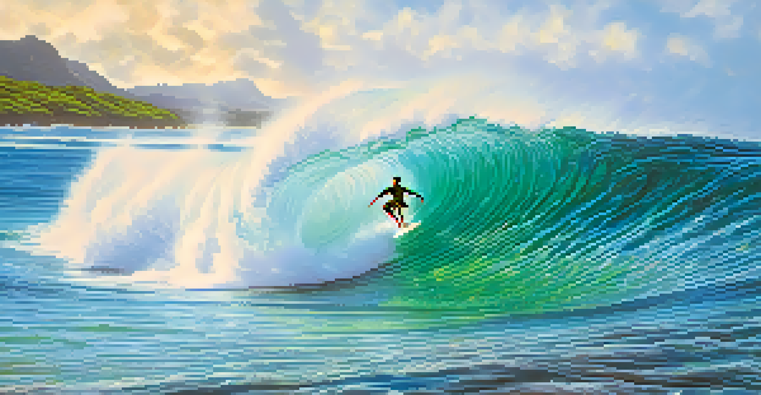 A surfer executing an aerial trick above a wave in Hawaii, surrounded by a vibrant coastline and clear waters.