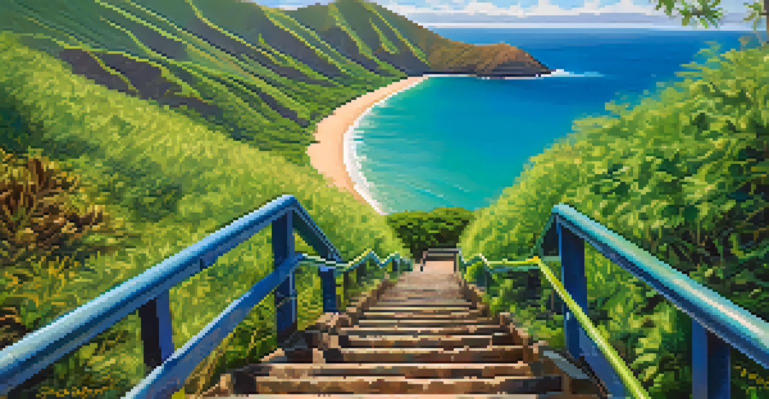 Aerial view of the Koko Head Stairs with Hanauma Bay in the background.