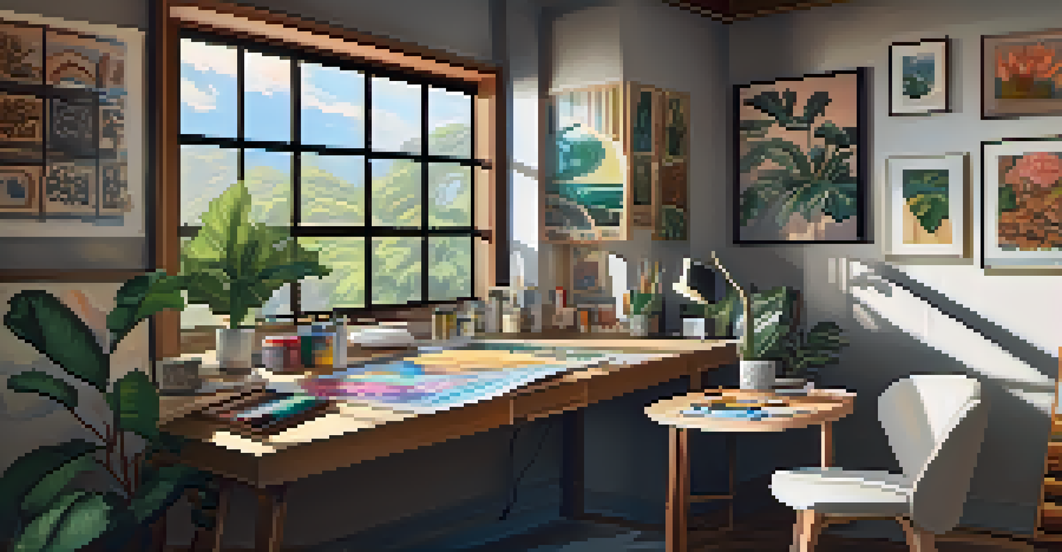 An artist's studio with art supplies and a half-finished painting blending traditional and modern styles.