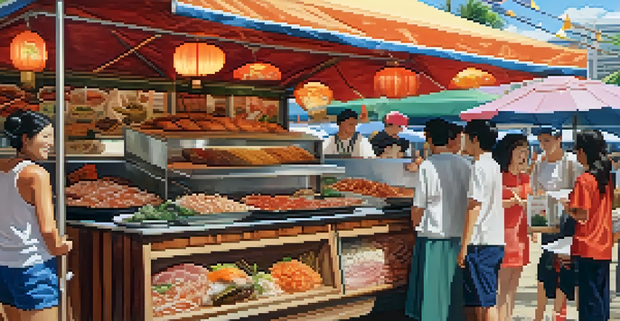 A food stall displaying diverse dishes from the Honolulu Festival, with people enjoying the multicultural cuisine.