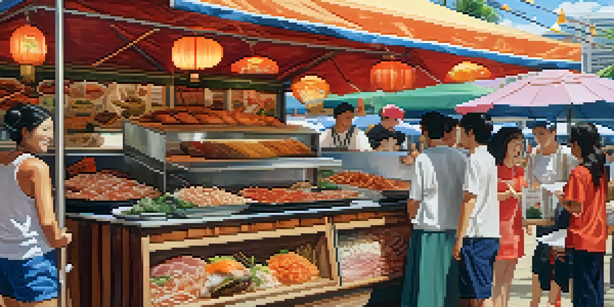 A food stall displaying diverse dishes from the Honolulu Festival, with people enjoying the multicultural cuisine.