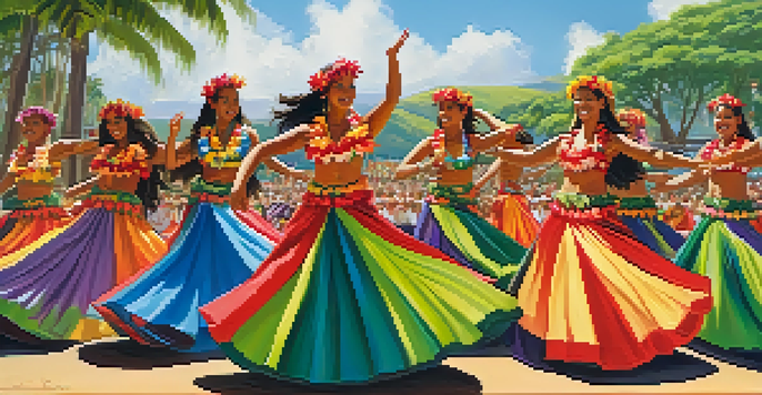 A group of hula dancers in traditional costumes performing at the Hawaiian Cultural Festival, set against a bright, sunny backdrop.