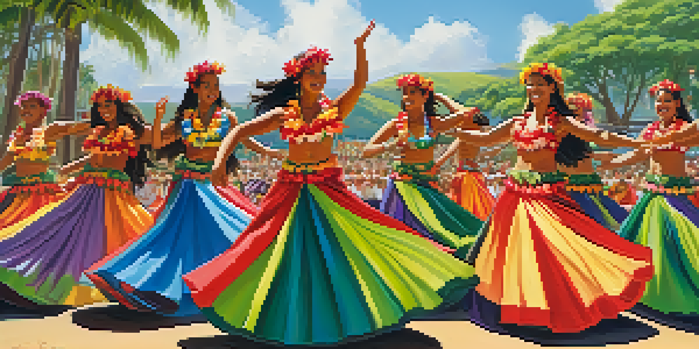 A group of hula dancers in traditional costumes performing at the Hawaiian Cultural Festival, set against a bright, sunny backdrop.