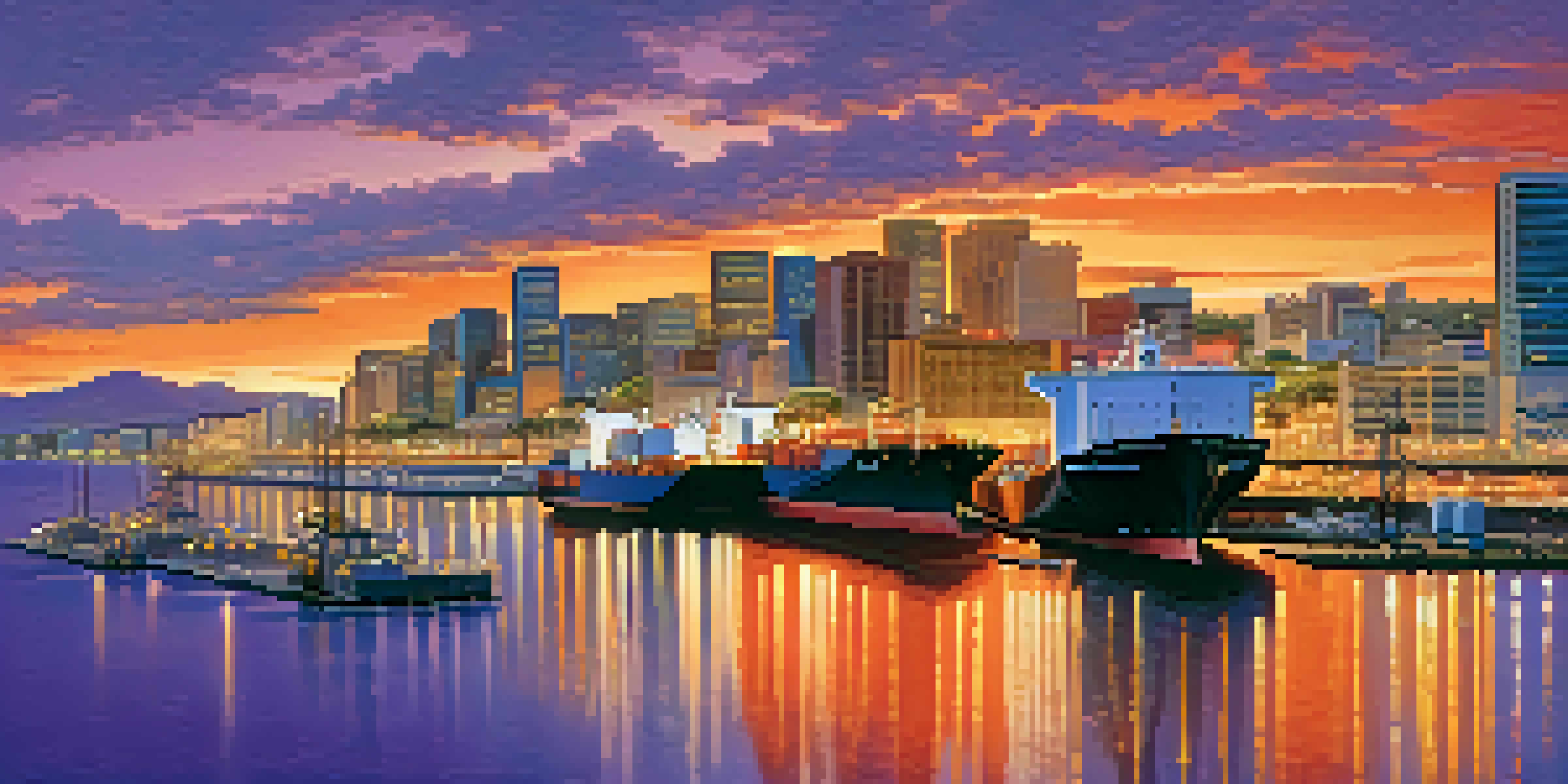 A scenic sunset view of Honolulu's harbor with cargo ships and the city skyline in the background.
