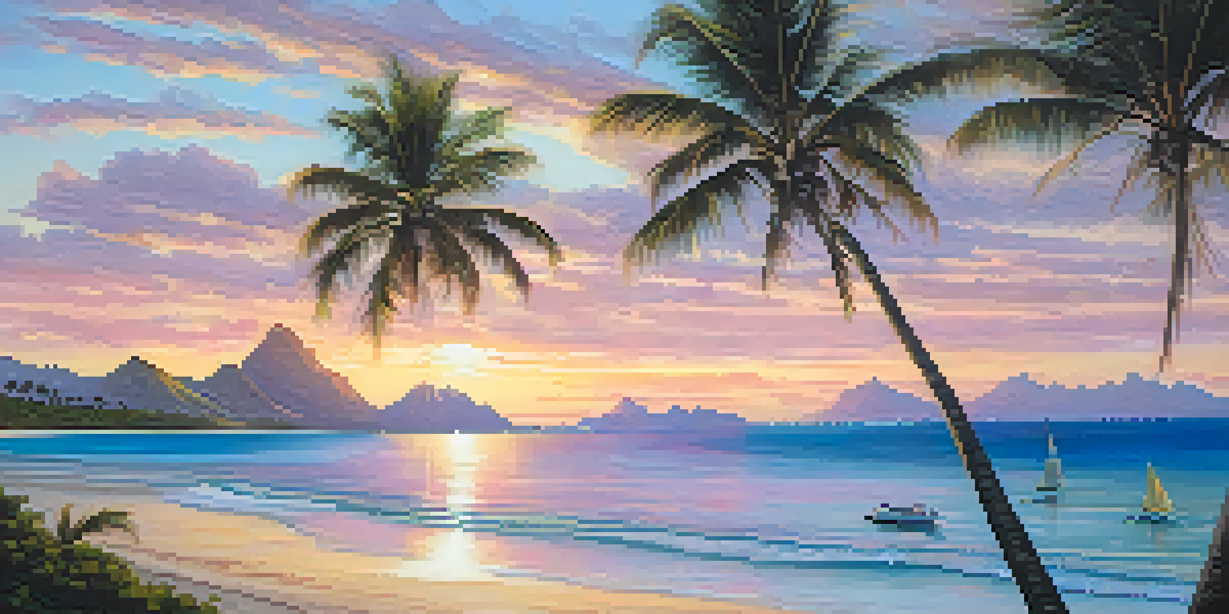 A beautiful sunrise at Lanikai Beach with vibrant colors and calm waters, framed by palm trees.