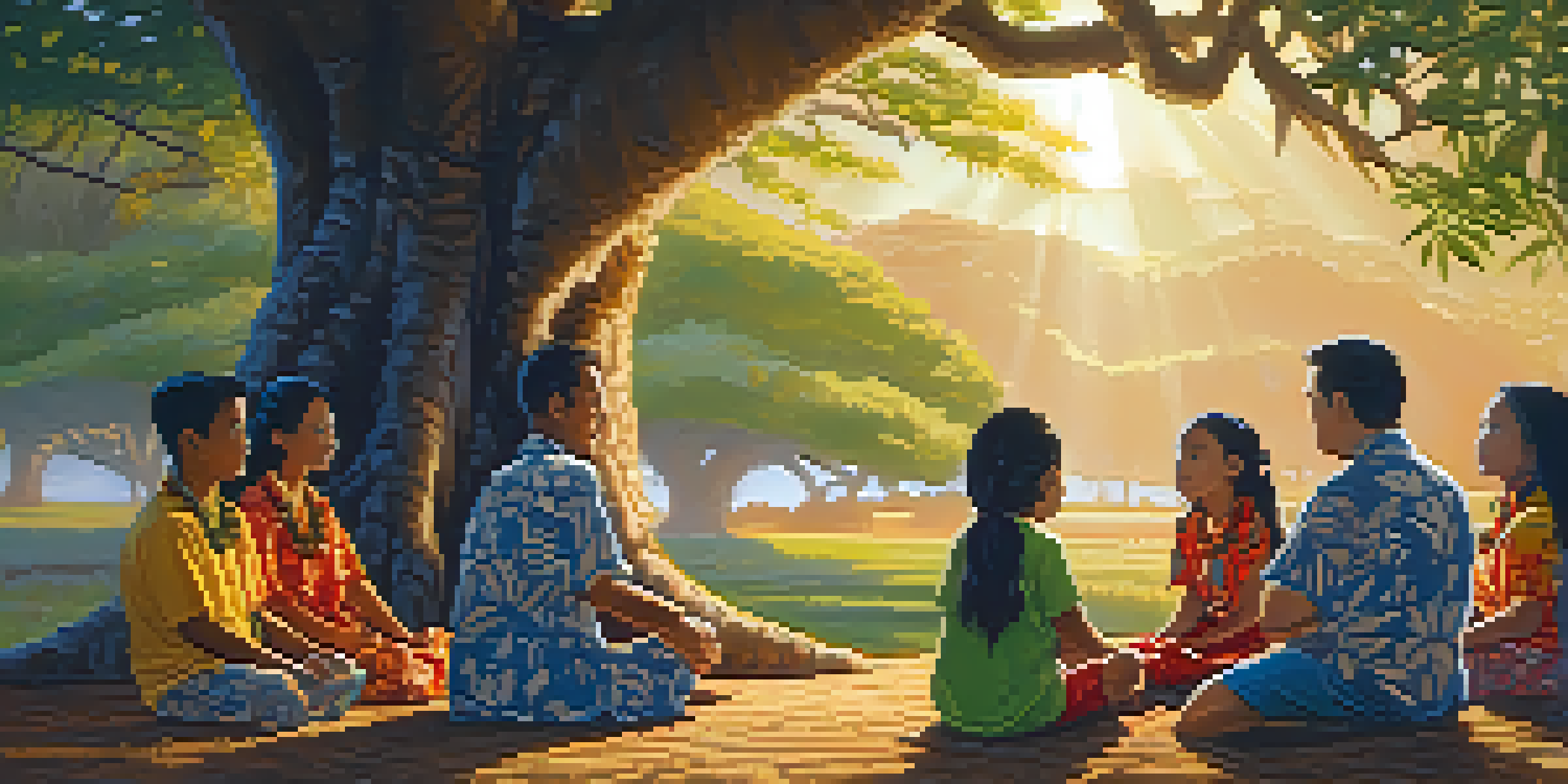 A Hawaiian storyteller narrating a traditional story under a banyan tree during sunset, with an engaged audience sitting around.