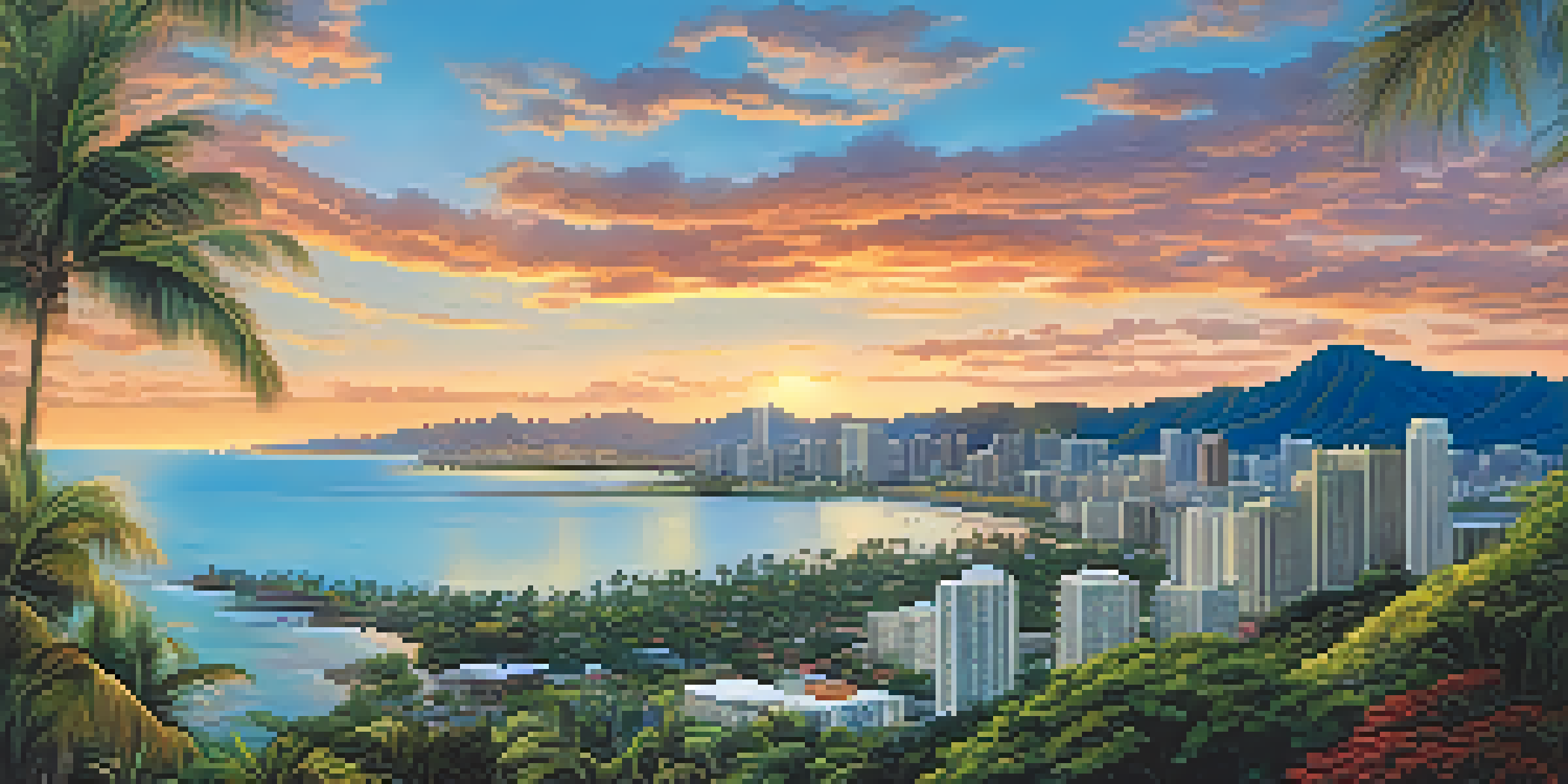A panoramic view of Honolulu's skyline at sunset, with a mix of modern and historical buildings, vibrant sunset colors, and tropical plants in the foreground.