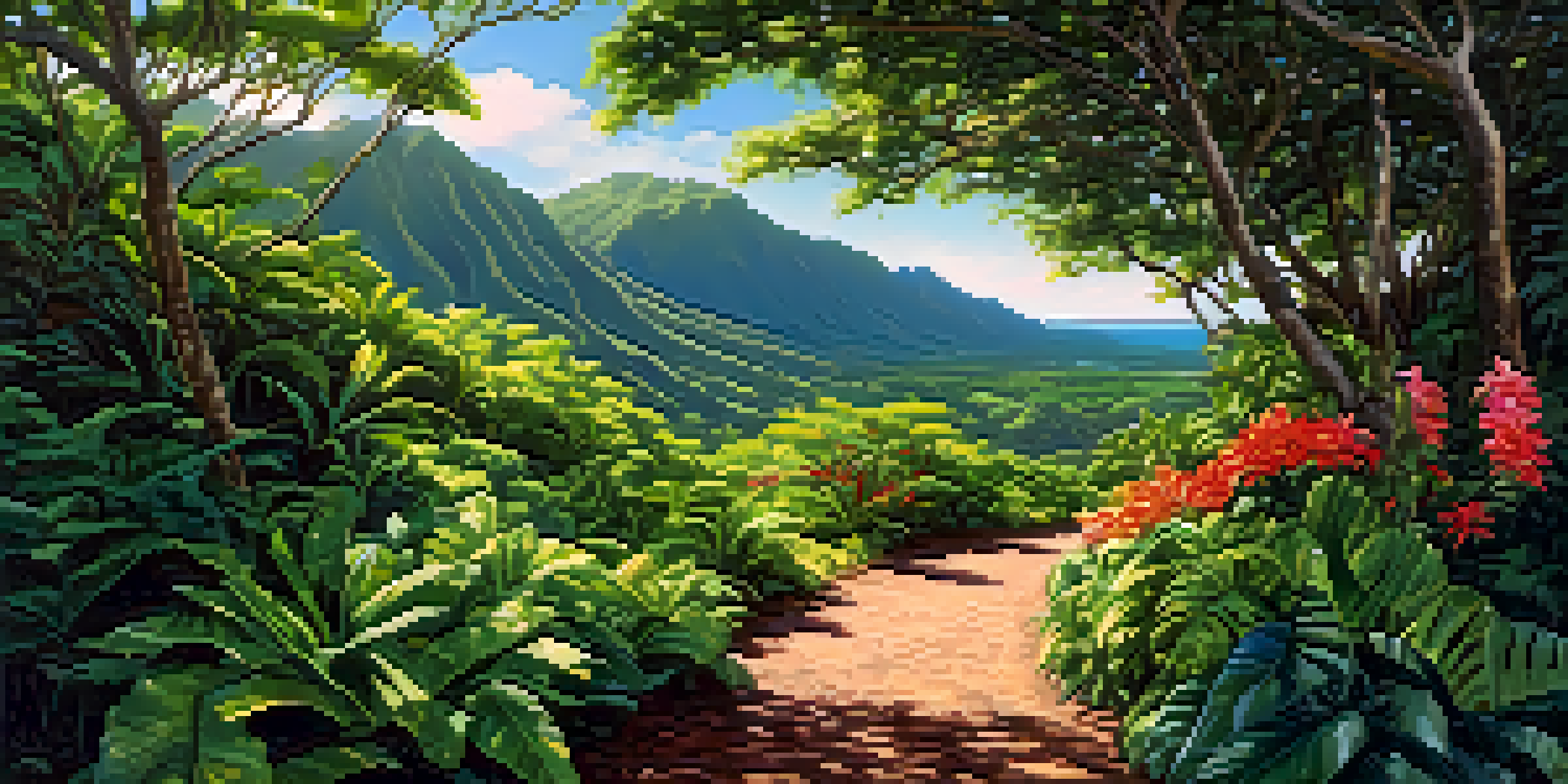 A picturesque hiking trail in Honolulu surrounded by tropical plants and flowers under a blue sky.