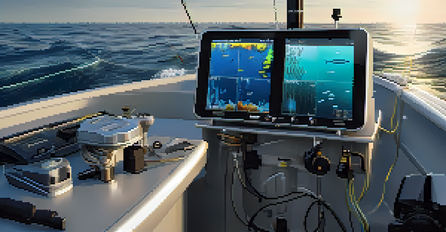 A boat equipped with advanced fishing electronics, including a sonar fish finder, in a bright ocean setting.