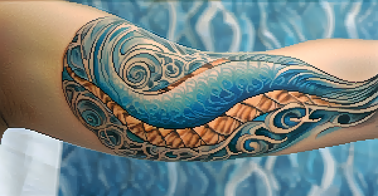Close-up of a detailed Hawaiian tattoo on an arm, featuring ocean-themed designs.