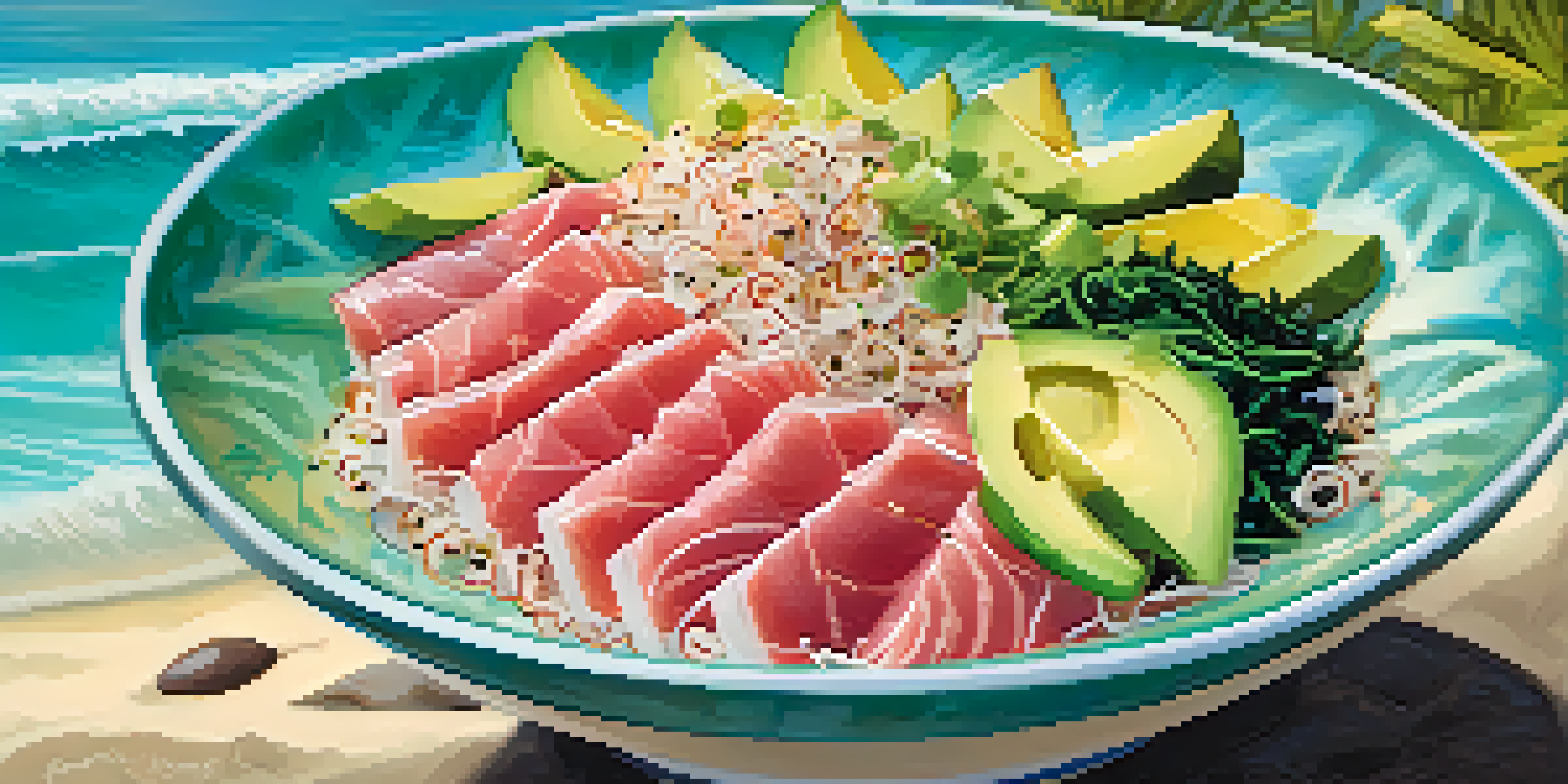 A colorful bowl of poke with fresh tuna, avocado, and seaweed, set against a picturesque Hawaiian beach.
