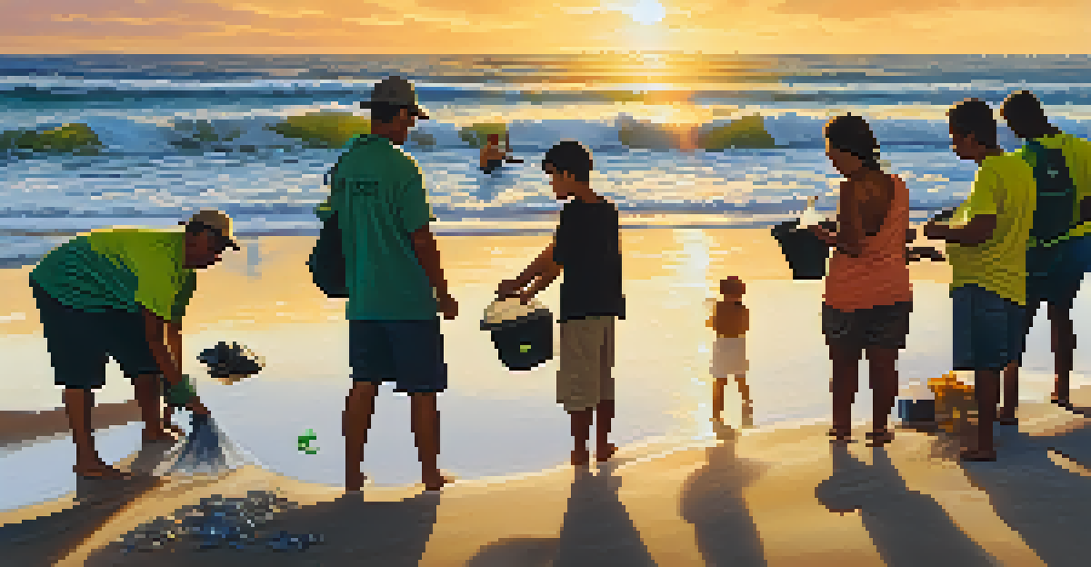 Community members cleaning the beach at sunset, with the ocean and sunset in the background.