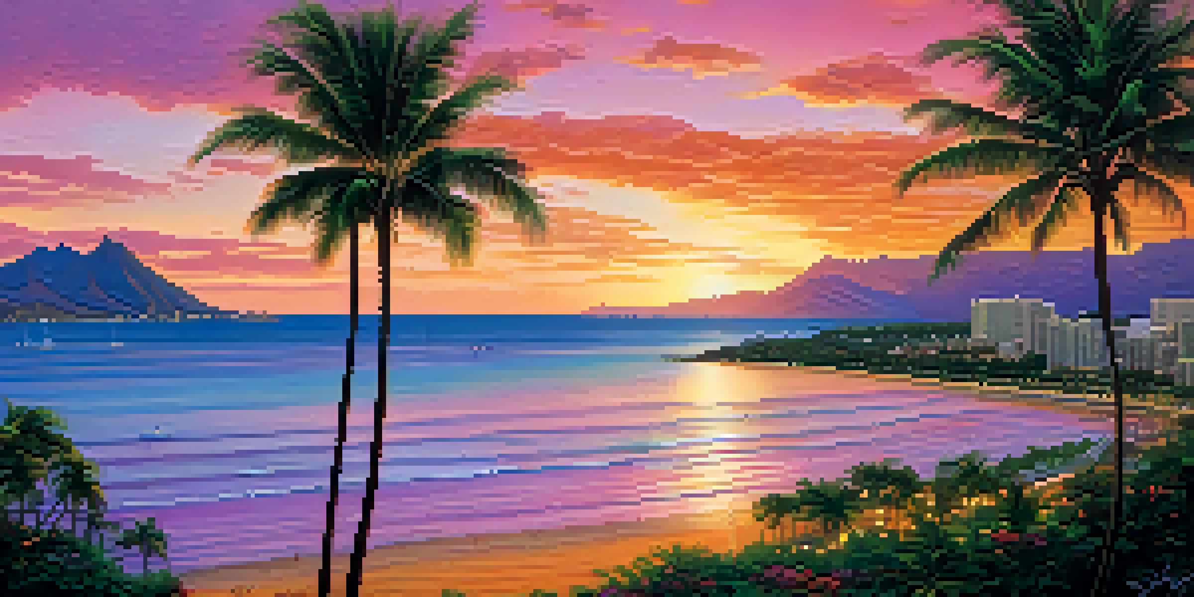 A beautiful sunset over Honolulu with colorful skies and the ocean in the foreground, featuring Diamond Head and skyscrapers in the backdrop.