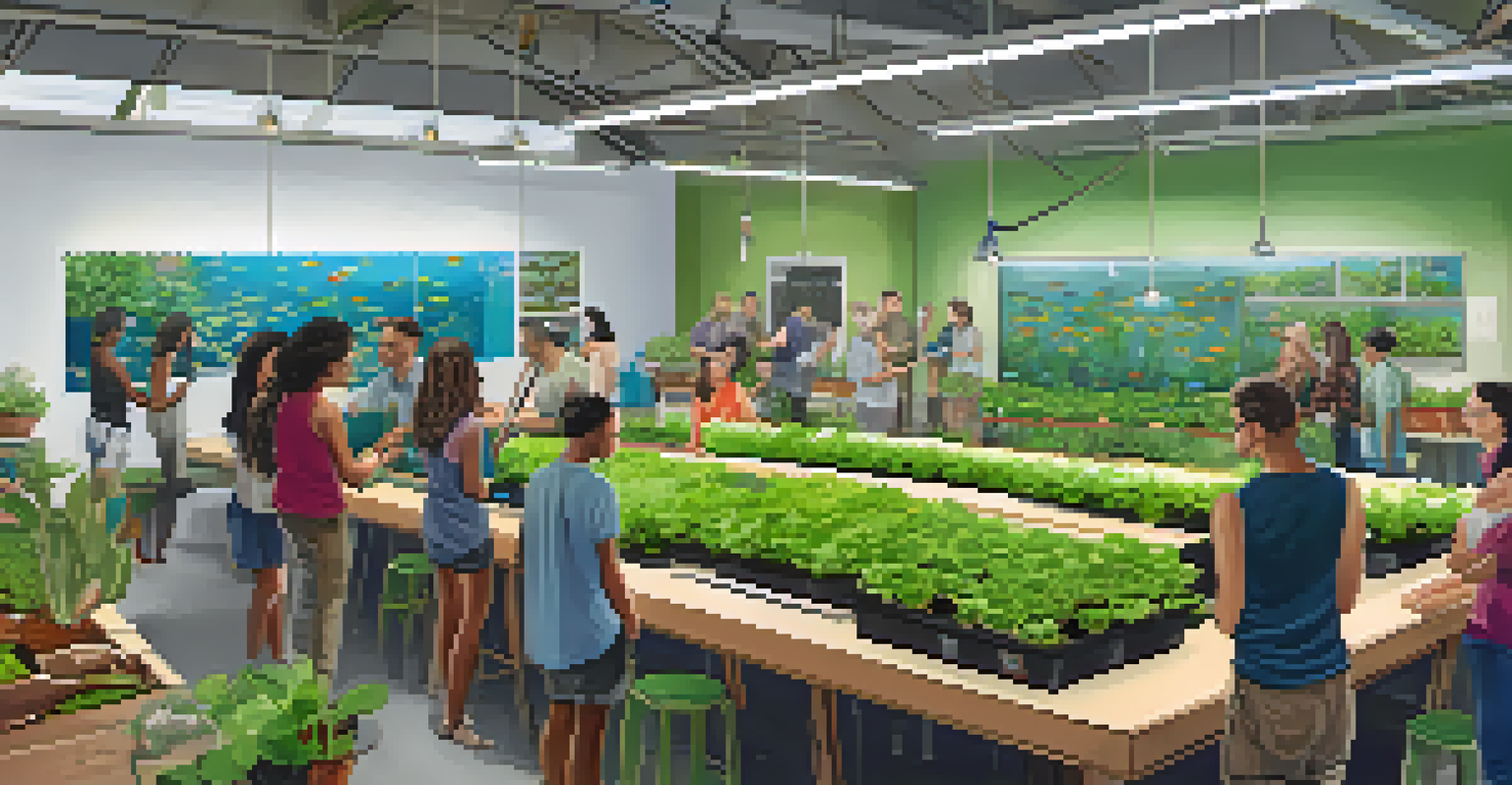 A community workshop about aquaponics in Honolulu, with people learning and engaging with aquaponics systems.
