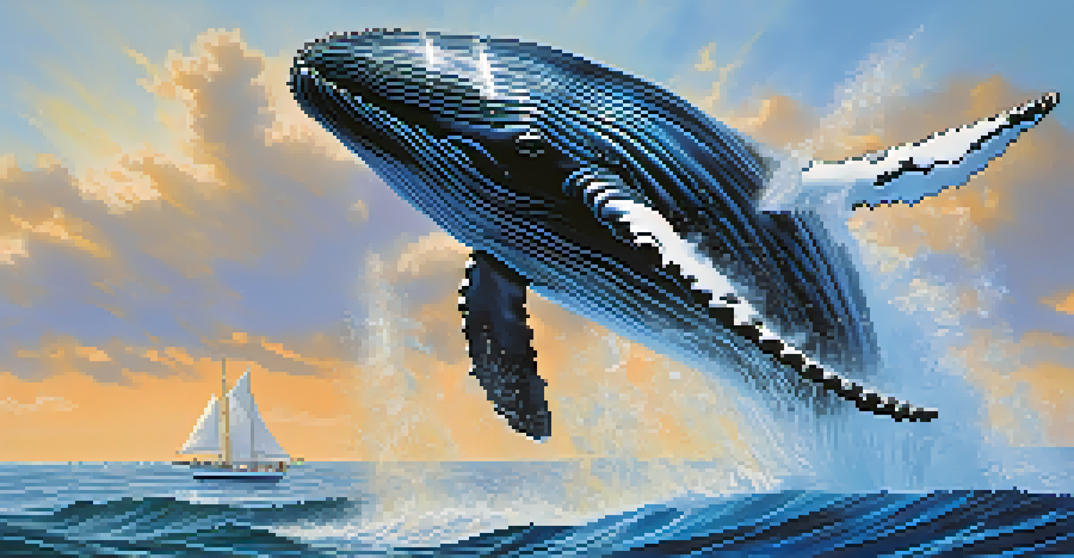 A humpback whale breaching the ocean surface, showcasing its size and splashing water, with a sailboat in the background.