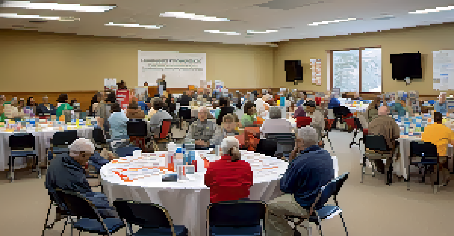 Residents engaged in a workshop about emergency preparedness, surrounded by informational materials and emergency kits in a bright community center.
