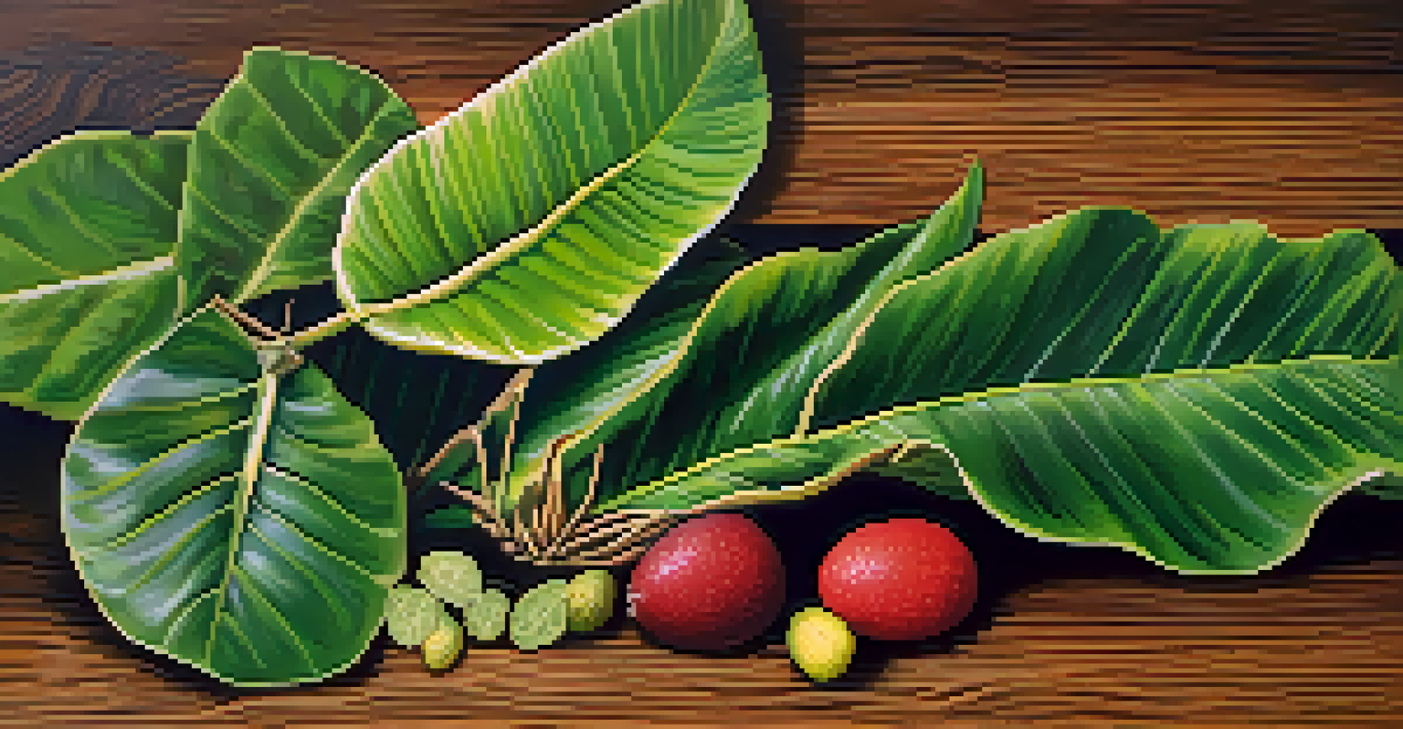 Close-up of native Hawaiian plants like noni and kava leaves on a wooden table, showcasing their textures and vibrant colors.