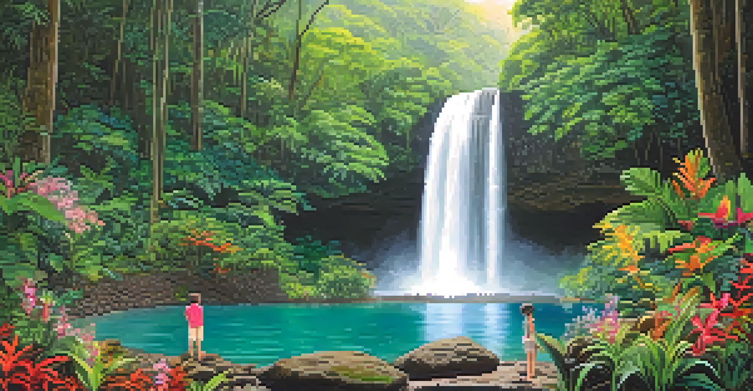 A family standing at the base of a waterfall surrounded by lush rainforest and colorful flowers, with birds in the background.