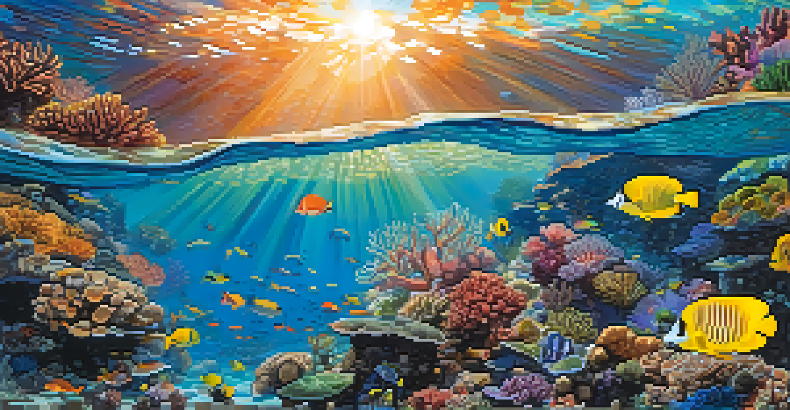 An underwater scene showing colorful coral reefs and tropical fish, with a snorkeler exploring the vibrant marine life.