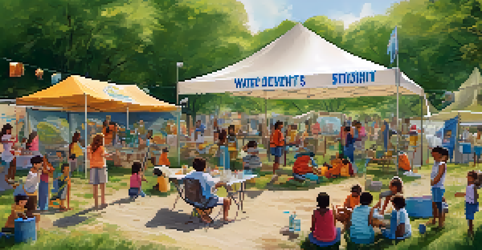 A vibrant outdoor event where families engage in water conservation activities, with children and parents participating under colorful banners.