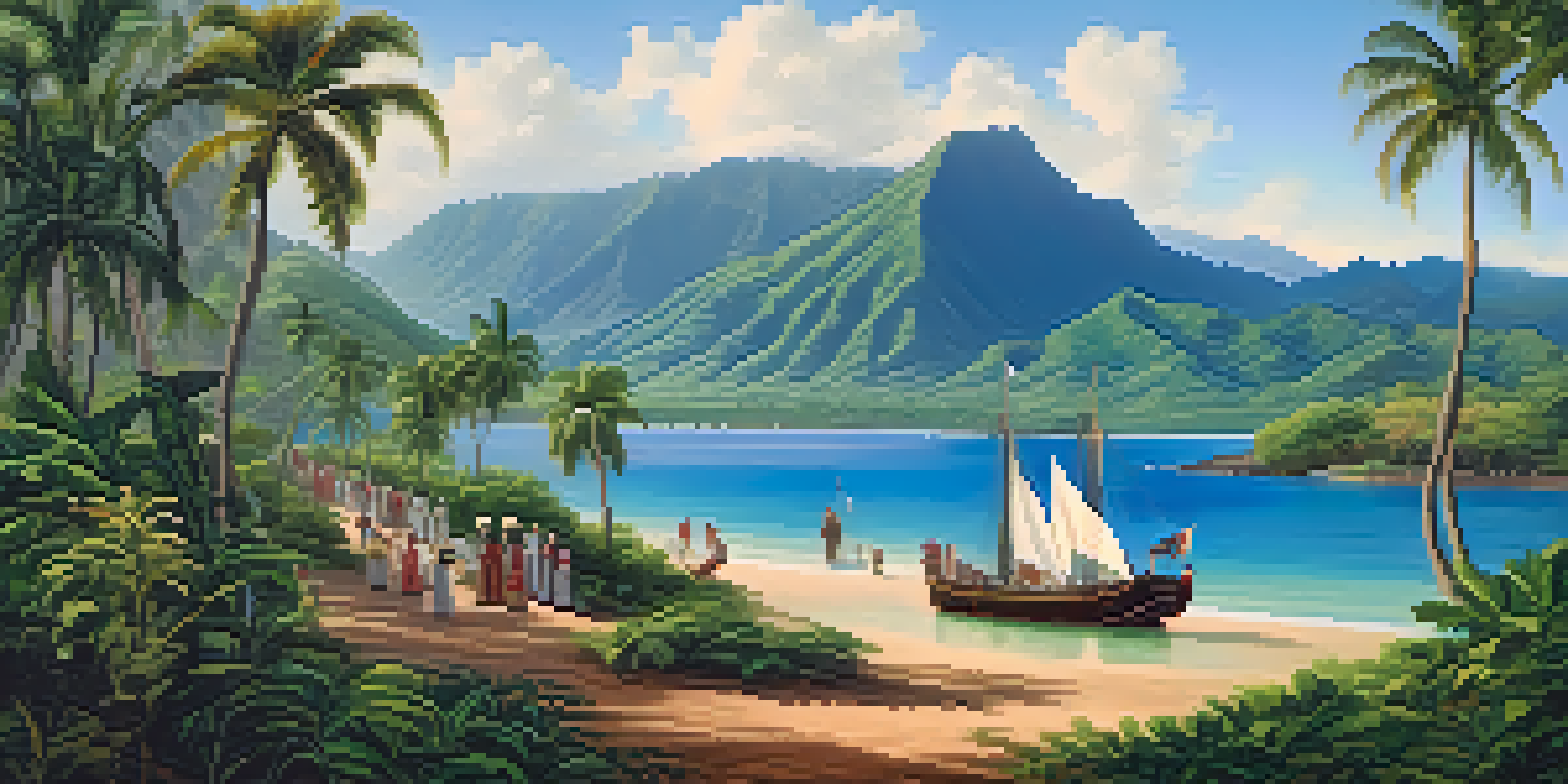 A historical illustration of missionaries arriving in 19th century Honolulu, interacting with local Hawaiians on the shore.