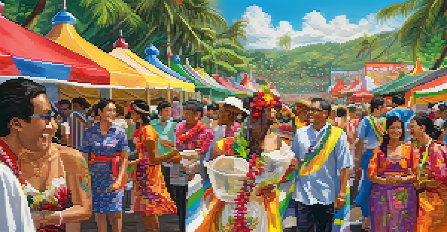 A vibrant multicultural festival in Honolulu with people in traditional attire, food stalls, and cultural performances, showcasing diversity.