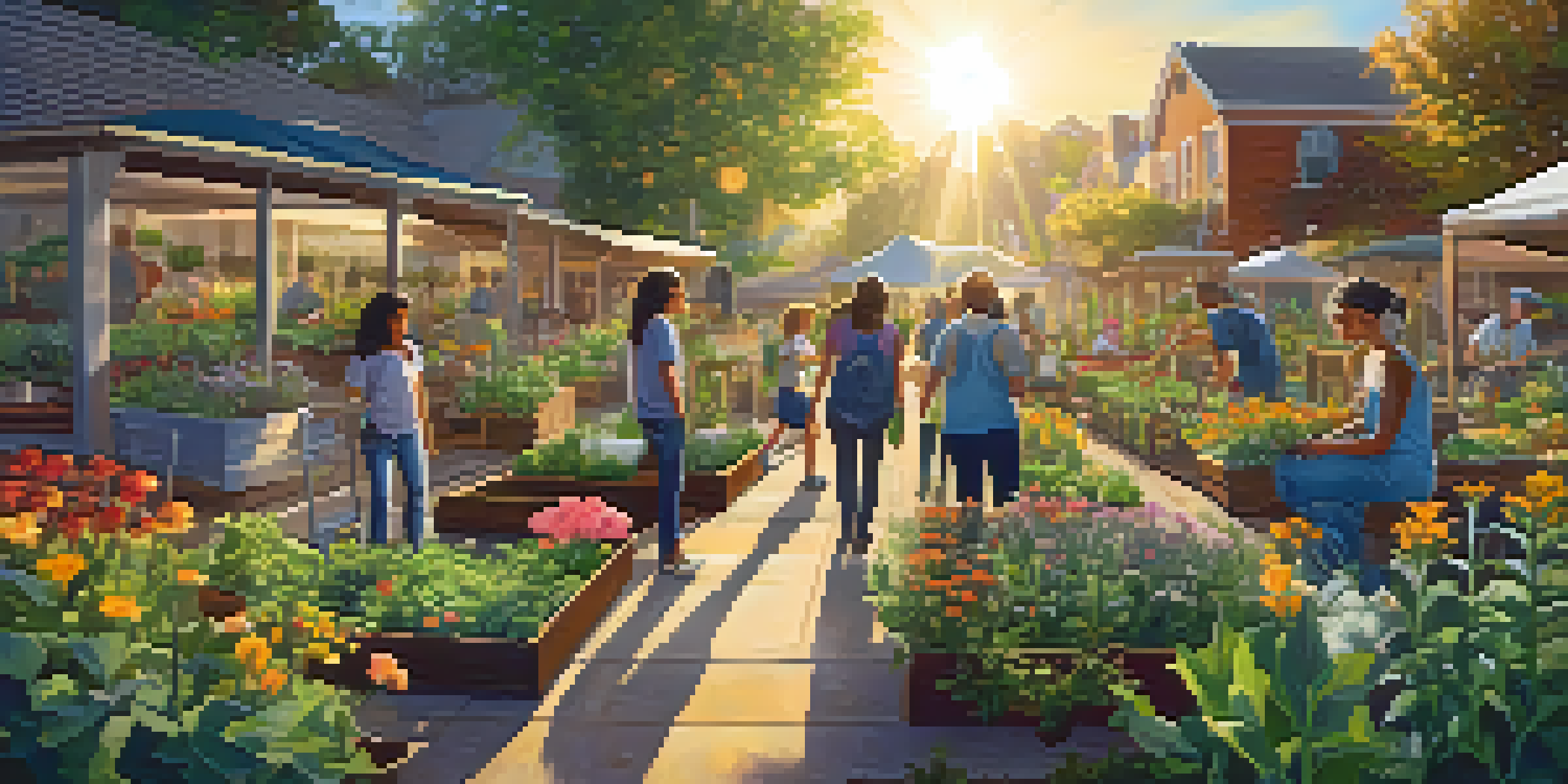 A colorful community garden with people of various ages working together, sunlight filtering through trees, and butterflies flying around.
