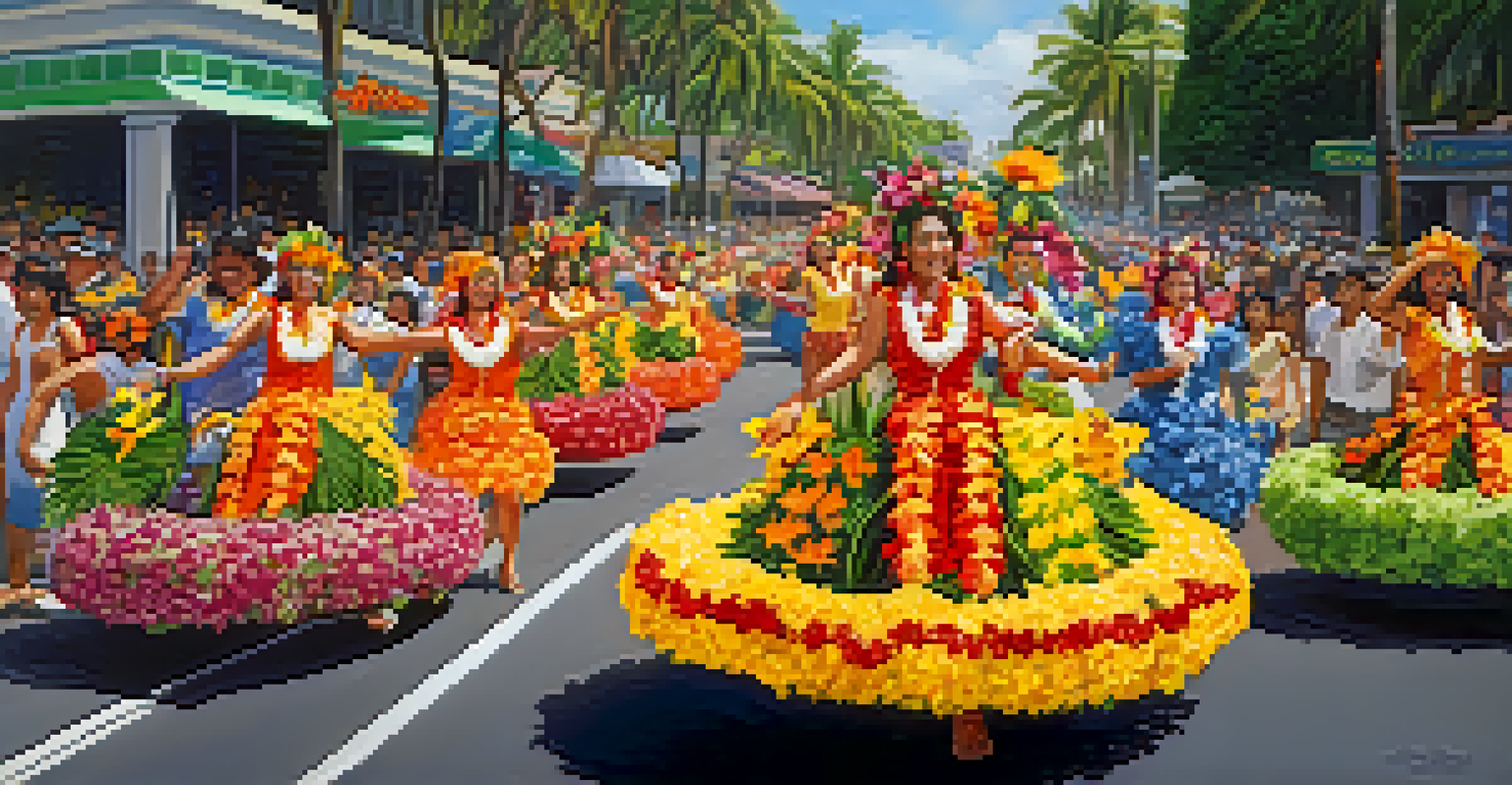 A colorful floral parade during the Aloha Festivals, with decorated floats and participants in traditional Hawaiian clothing.