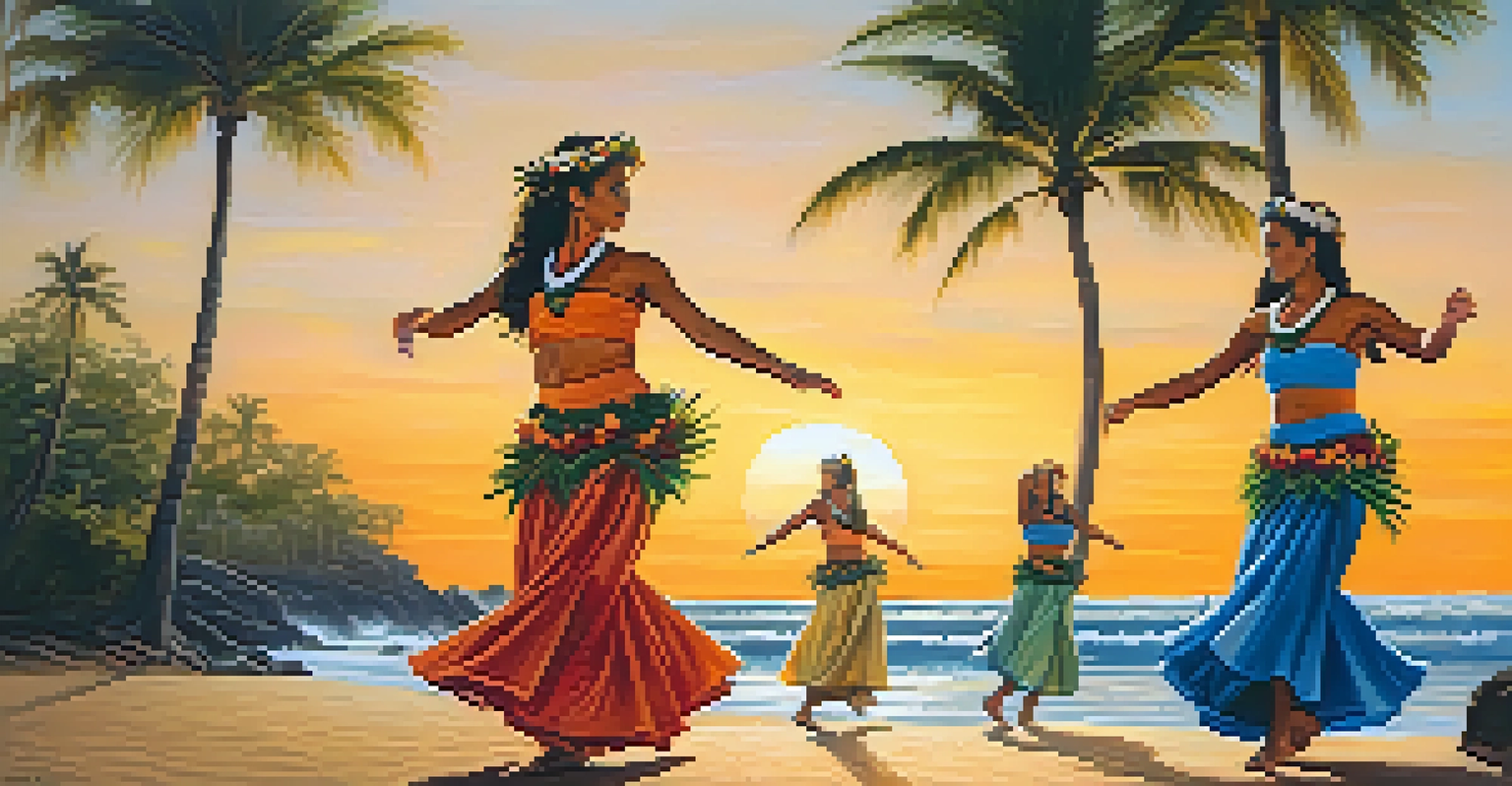 Hula dancers performing on a beach at sunset, dressed in traditional attire, with a beautiful ocean and palm trees in the background.