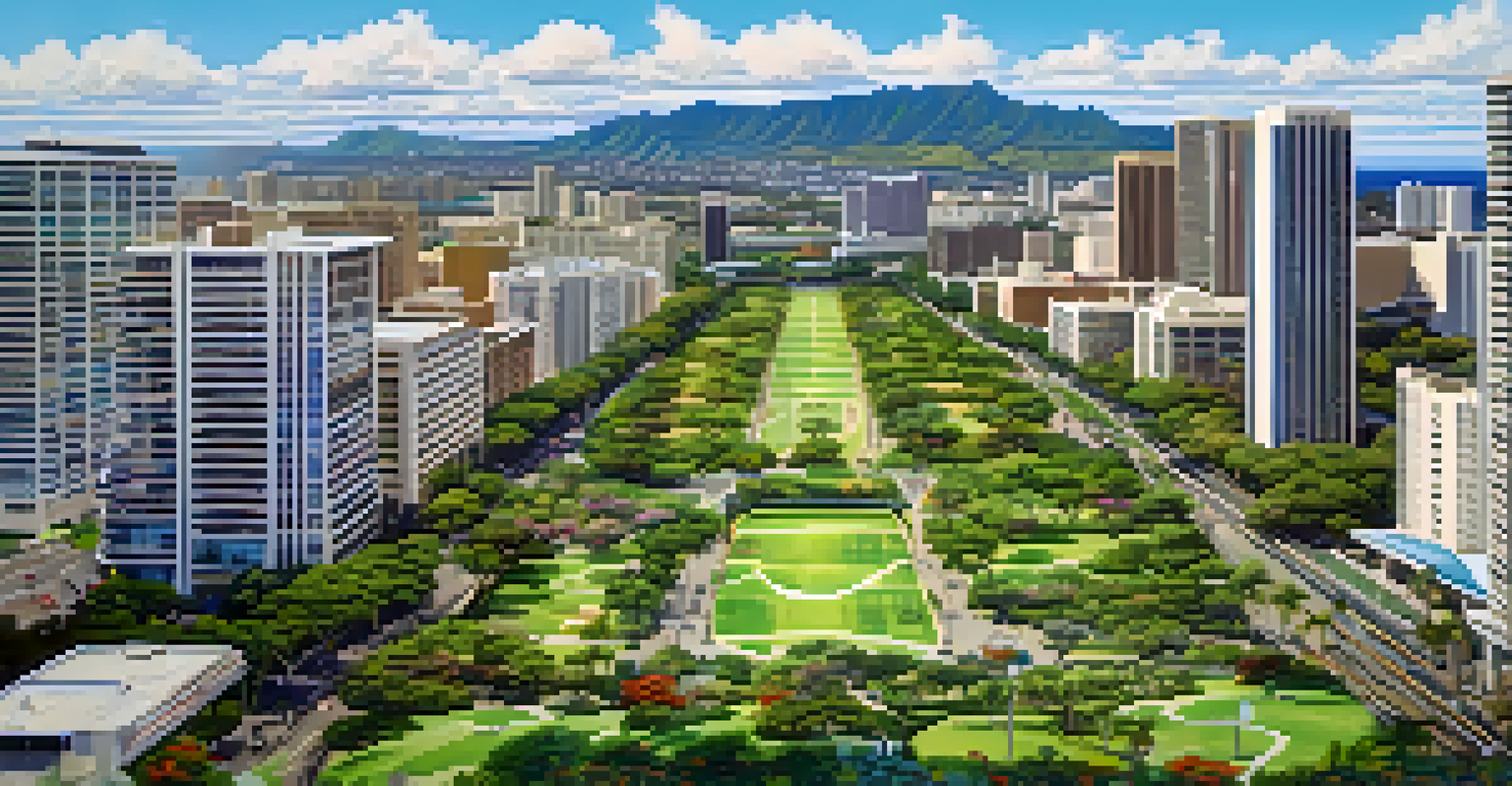 A panoramic view of modern Honolulu with skyscrapers, green spaces, and people enjoying the parks.