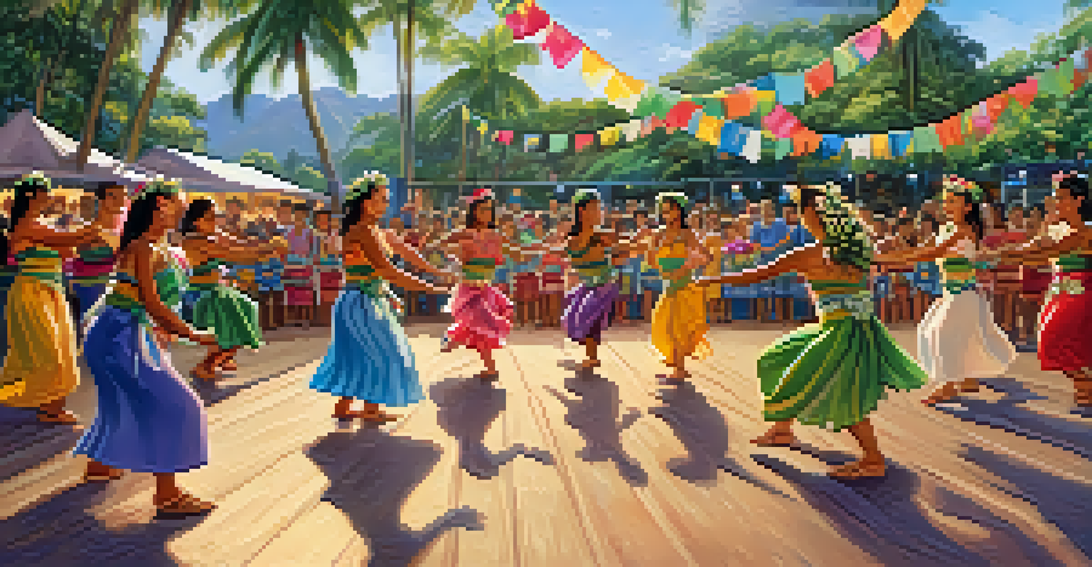 A vibrant Hawaiian dance festival with dancers performing on stage and a cheering audience, surrounded by colorful decorations and instruments.