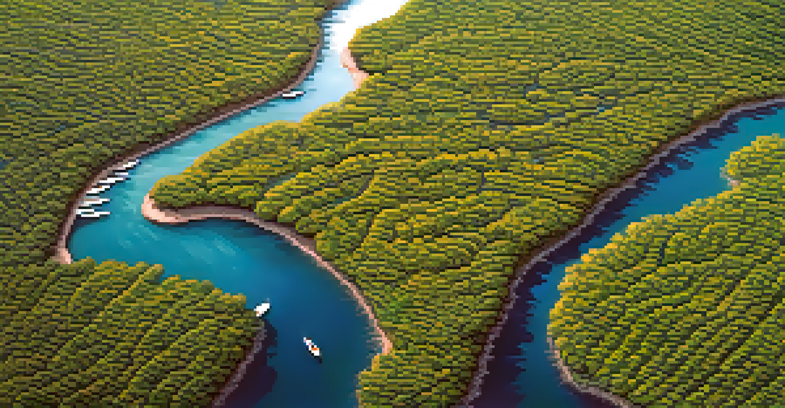 An overhead view of a mangrove ecosystem with winding waterways and boats, showcasing the vibrant green trees against the blue ocean.