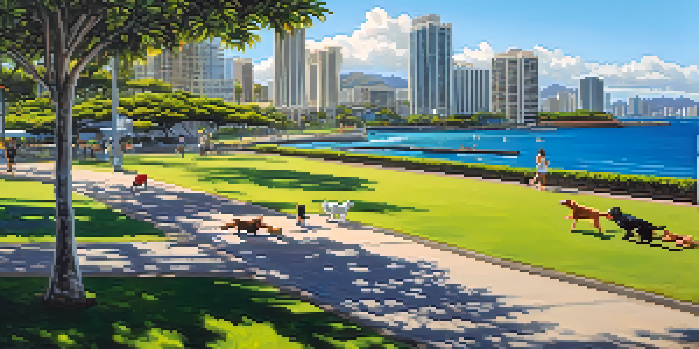 A spacious park with a dog playing, colorful street art, and ocean views.