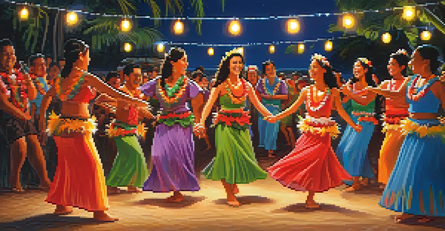 Hula dancers in colorful costumes performing at a Hawaiian cultural festival with tiki torches.