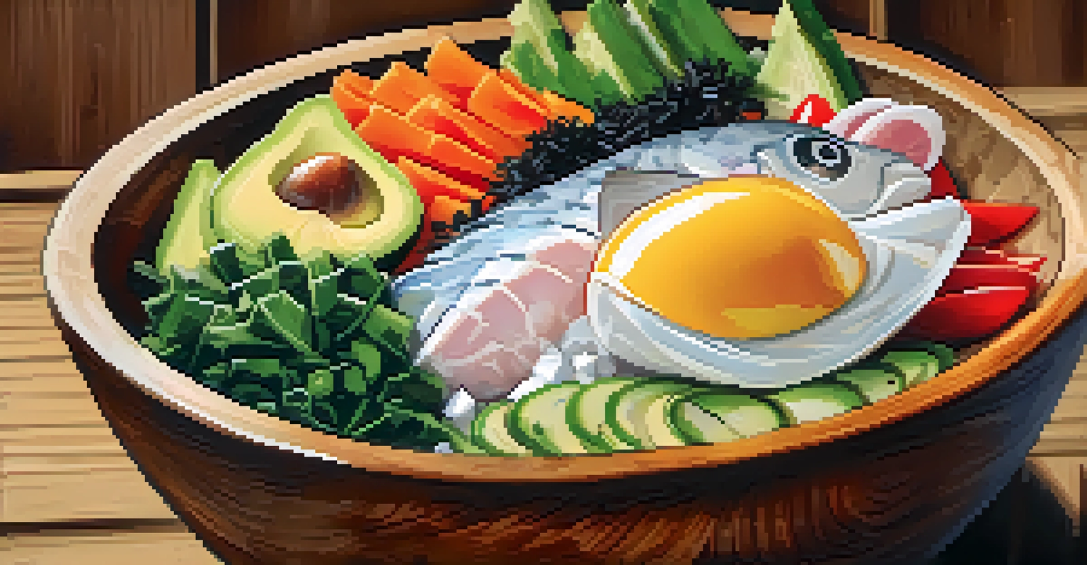 A close-up of a poke bowl filled with fresh ingredients, beautifully arranged on a rustic wooden table.