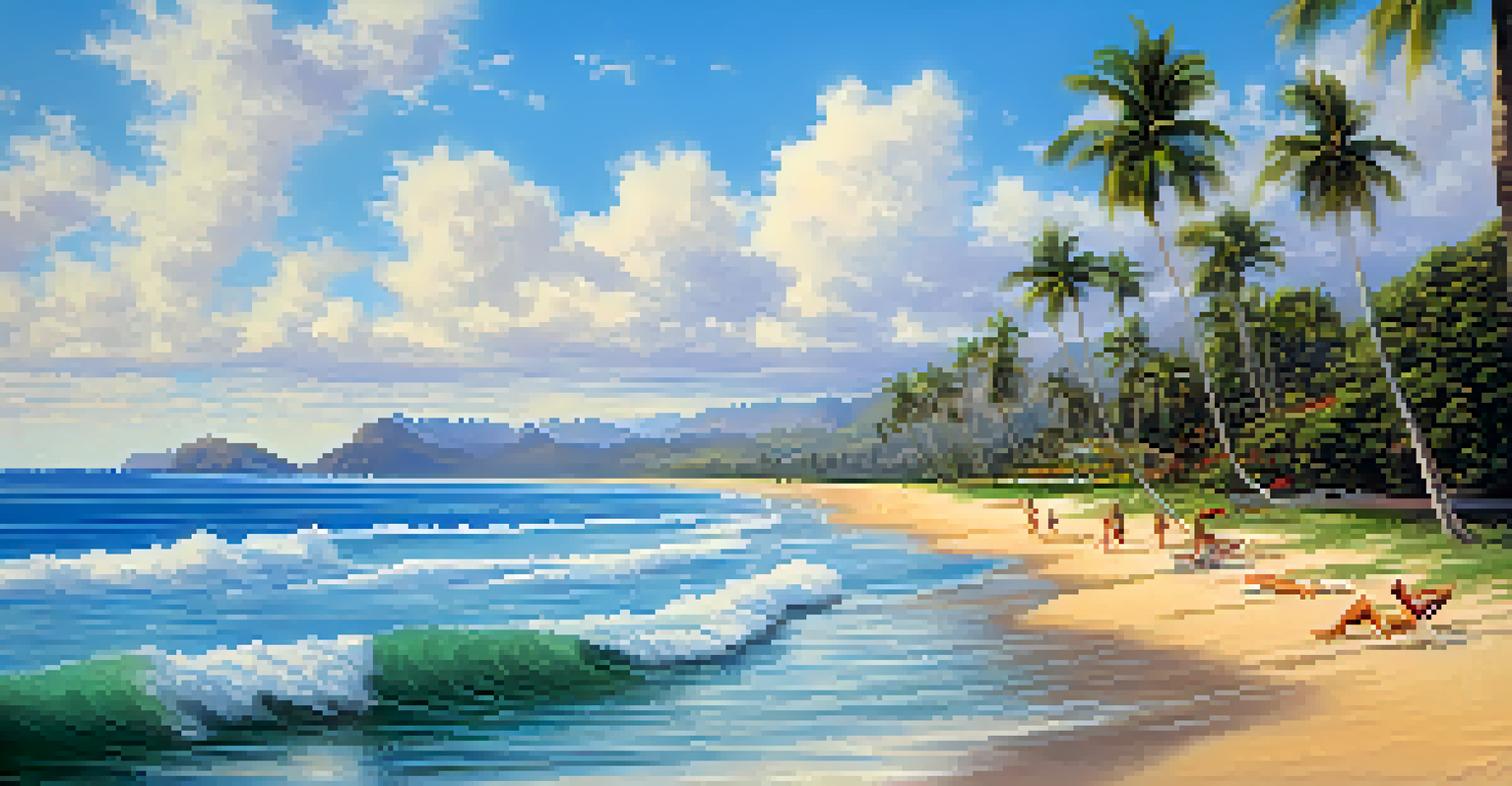 A beautiful beach in Honolulu with golden sands, clear blue waters, and palm trees, creating a peaceful tropical scene.