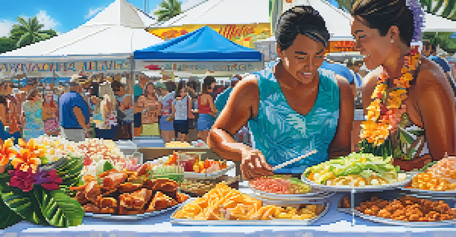 Close-up of a food vendor at the Aloha Tower Festival showcasing traditional Hawaiian dishes.