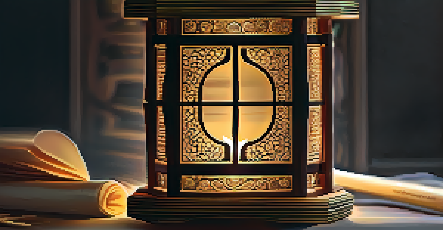 A close-up of an intricately designed lantern glowing warmly in the dark, with a hand placing a note inside, representing personal memories.