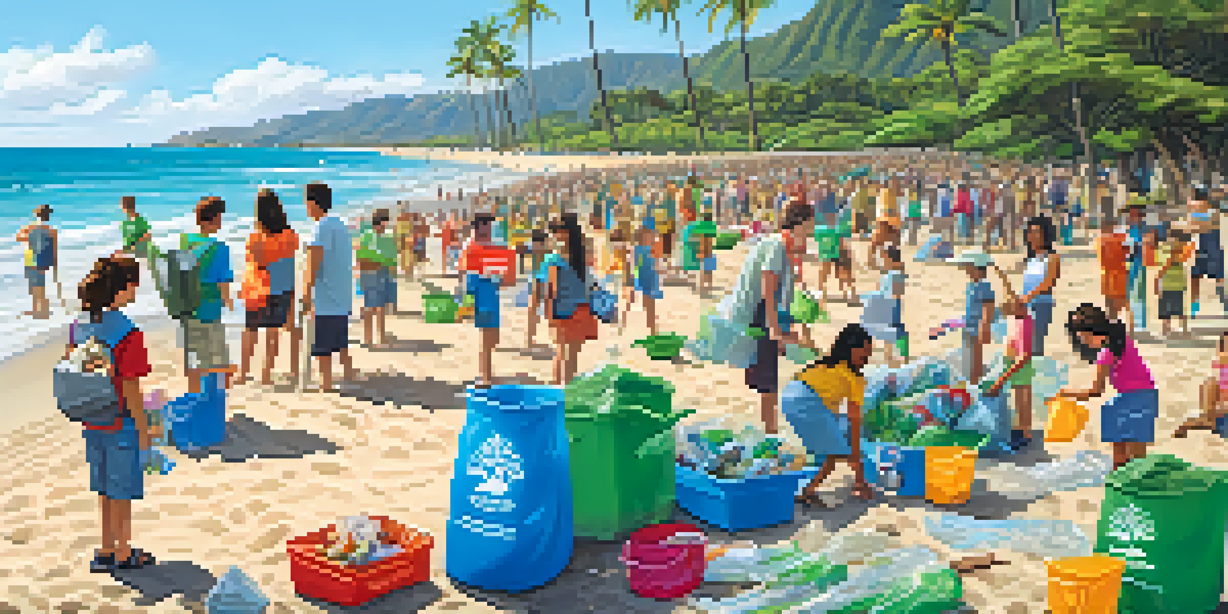 A community clean-up event at a beach in Honolulu, featuring families and children collecting litter under a sunny sky with palm trees and the ocean in the background.