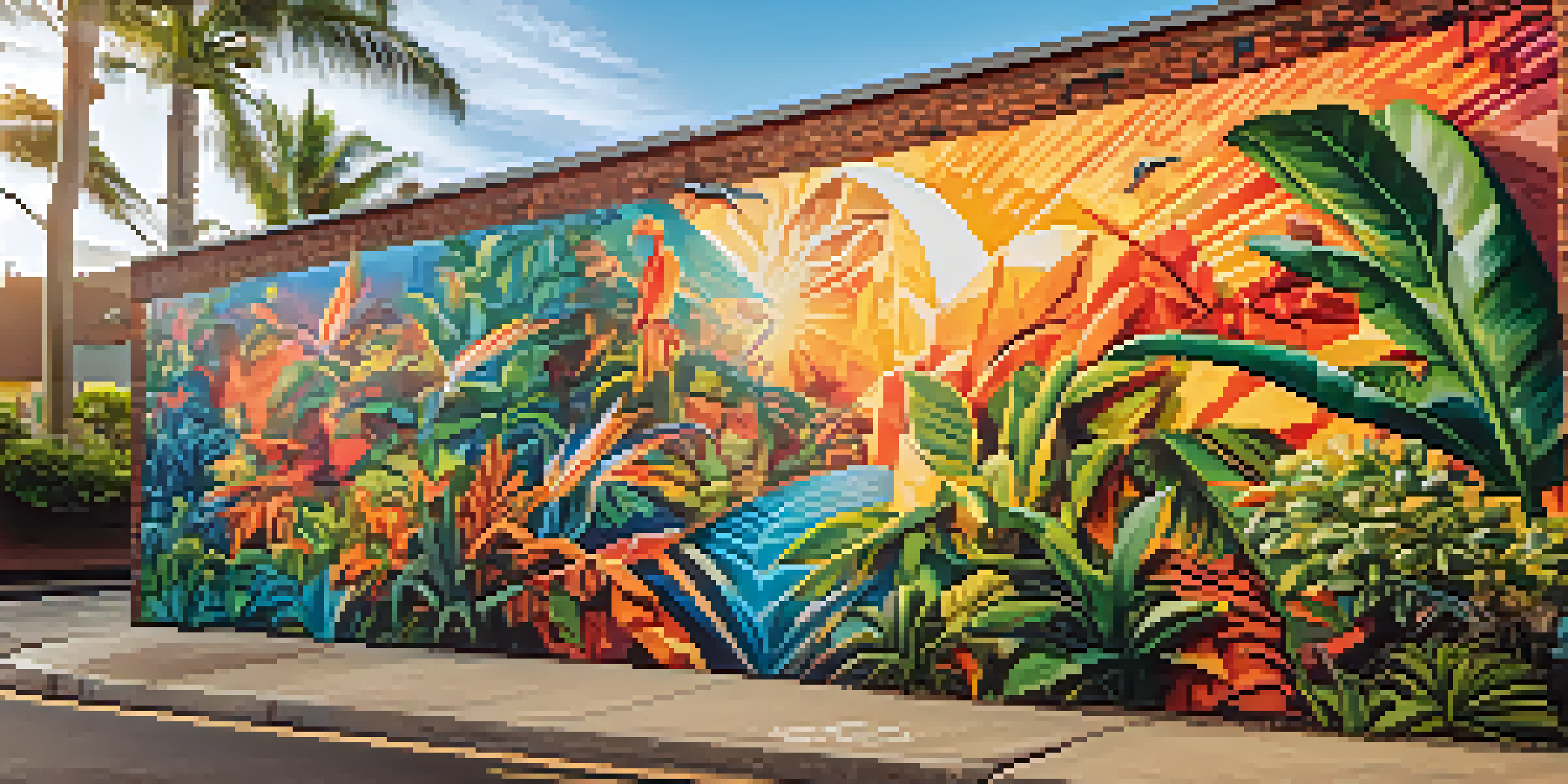 A colorful mural in Honolulu surrounded by tropical plants, illuminated by golden hour sunlight.