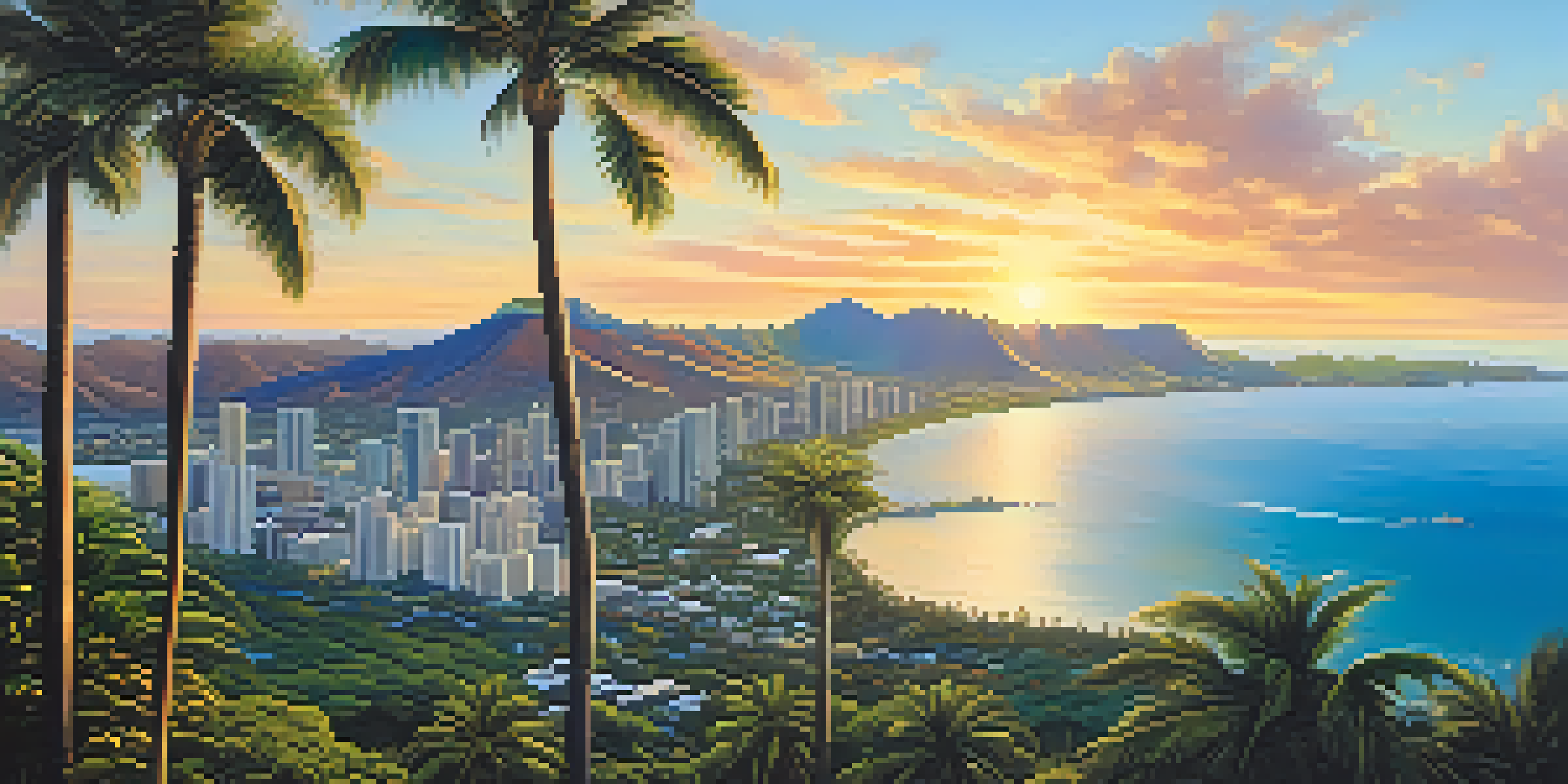 A panoramic view of Honolulu at sunset, highlighting the ocean, mountains, and palm trees.