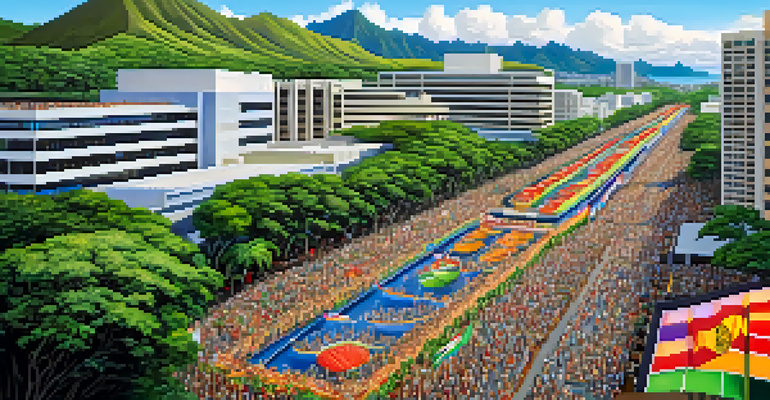 An aerial view of the Kamehameha Day Parade showing the route filled with colorful floats and spectators amidst a scenic backdrop.