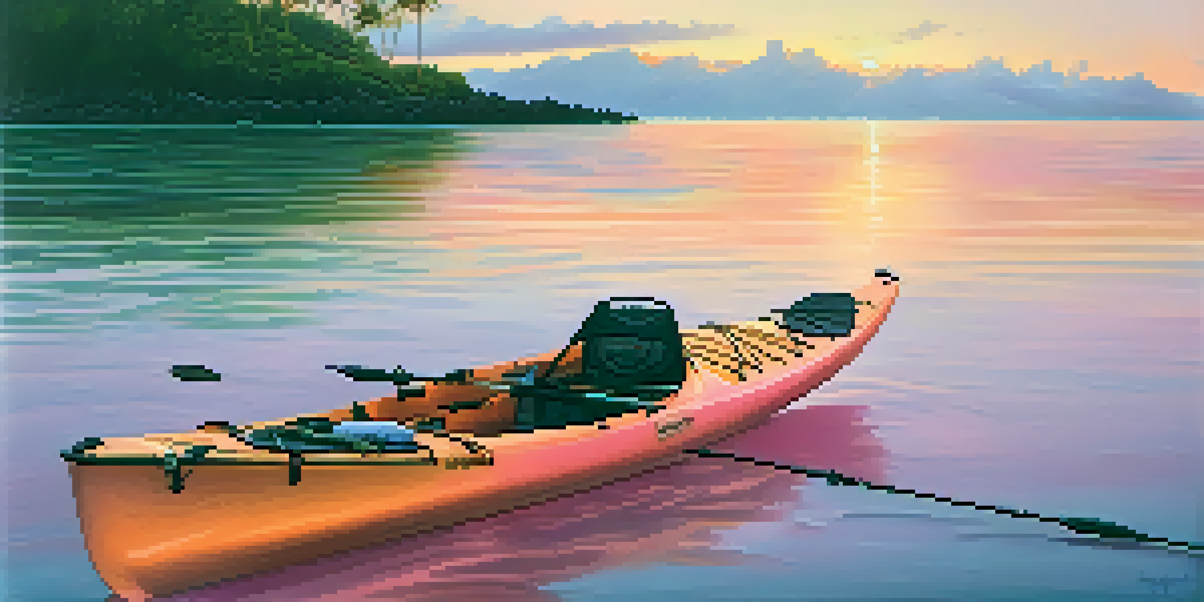 A fishing kayak on calm water during sunrise, with fishing rods and tackle box visible.