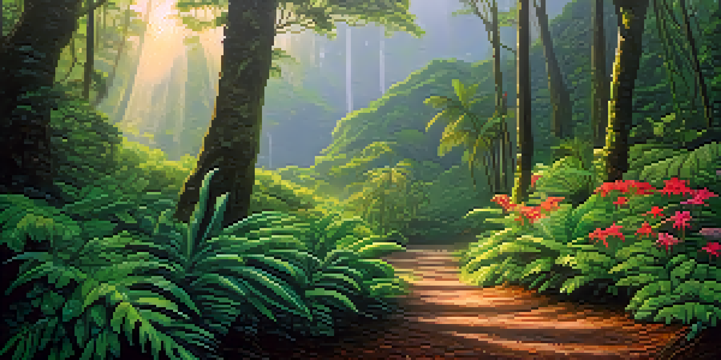 A lush green rainforest in Hawaii with colorful tropical flowers and a winding path under soft morning sunlight.