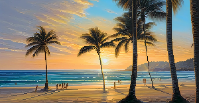 A picturesque beach in Honolulu at sunset, with golden sands, turquoise waters, and palm trees, creating a serene tropical atmosphere.